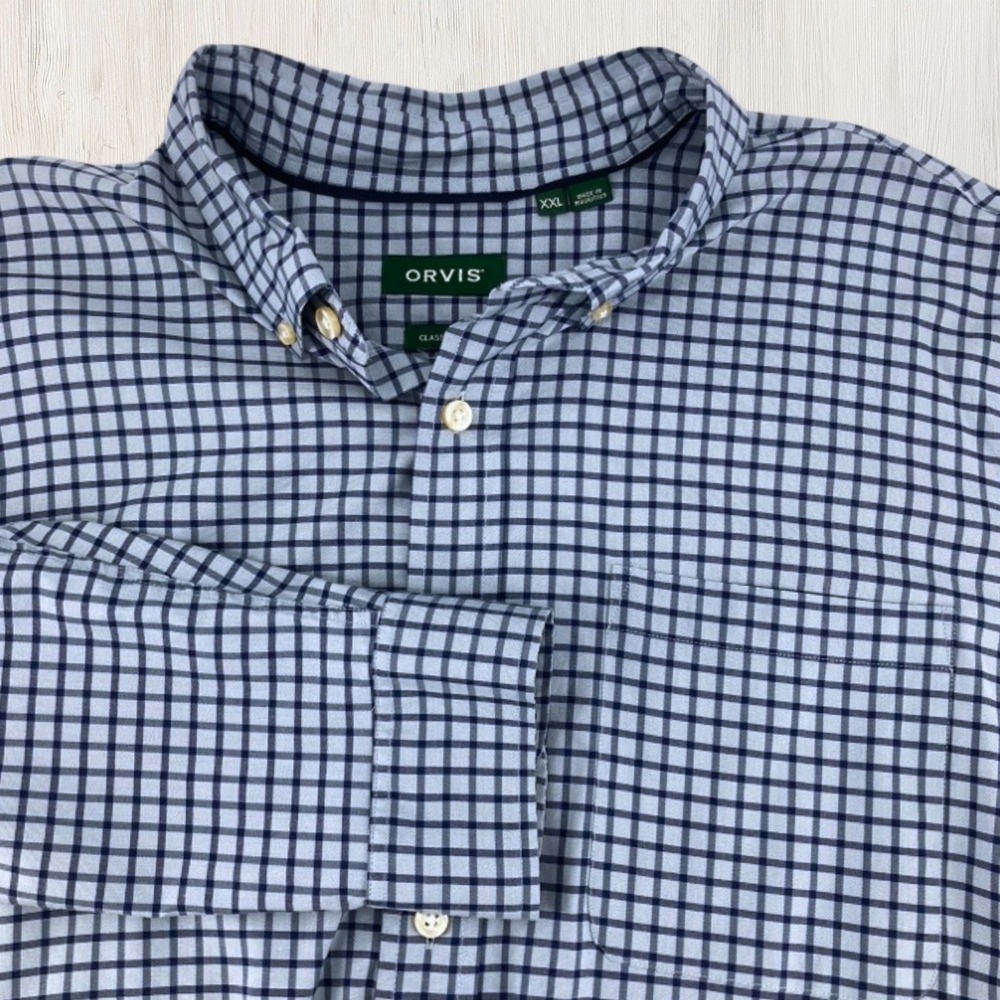 Orvis Men XXL Classic Fit Performance Shirt Blue Navy Plaid Button Down Stretch
